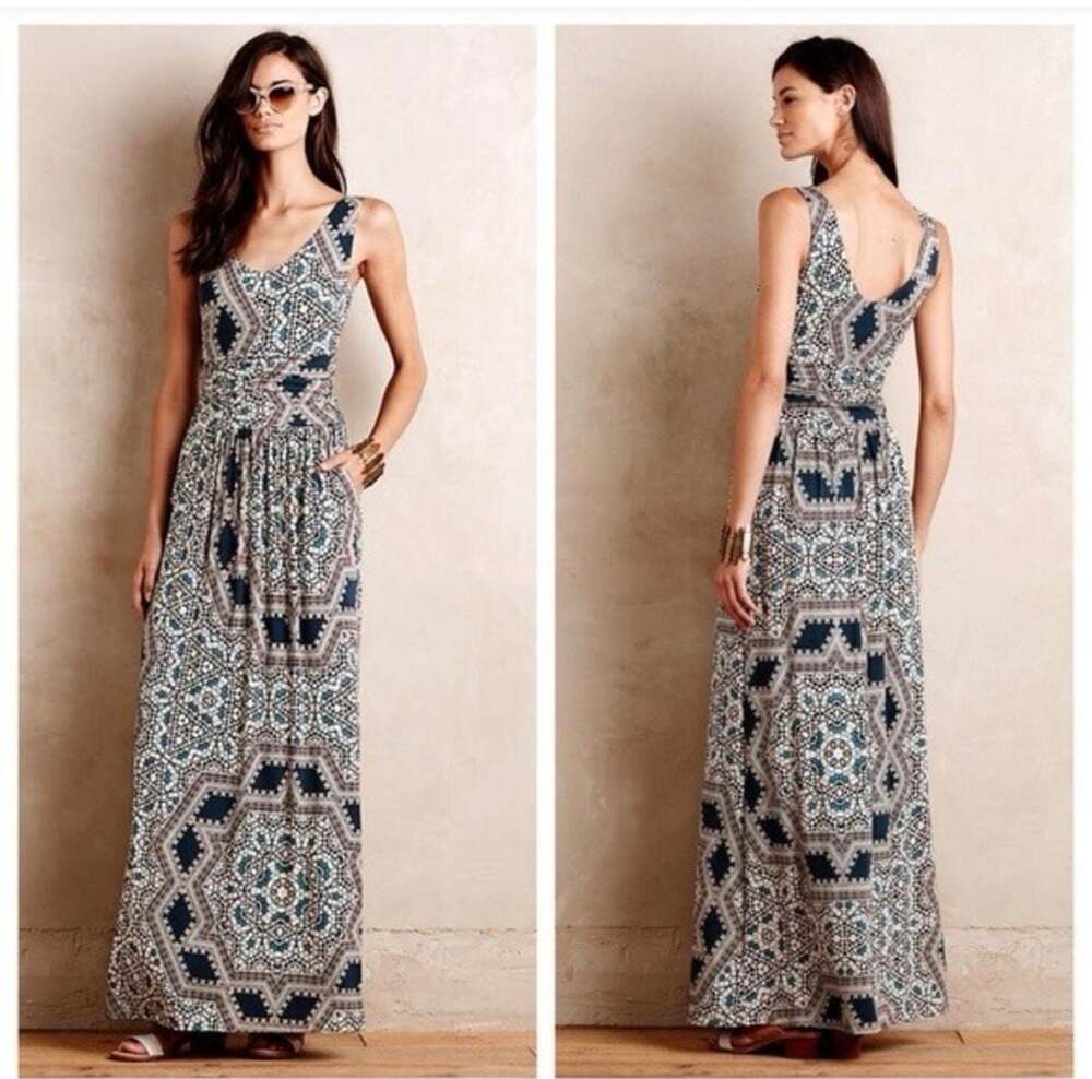 Maeve Anthropologie Geometric Tile Print Sleeveless Maxi Dress with Pockets